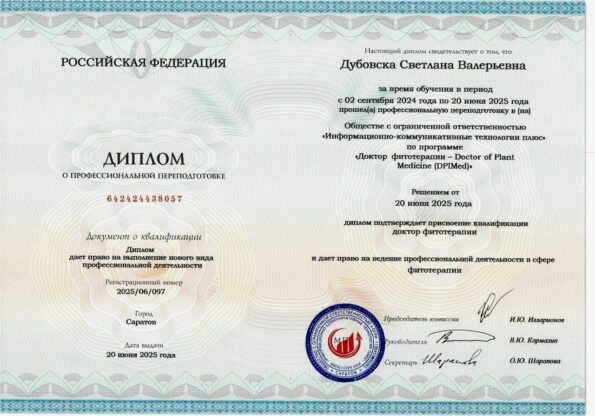 Diploma o profesionalnoj prekvalifikaciji Svetlane Dubovske u oblasti biljnih praksi, izdata 20.06.2025, Saratov