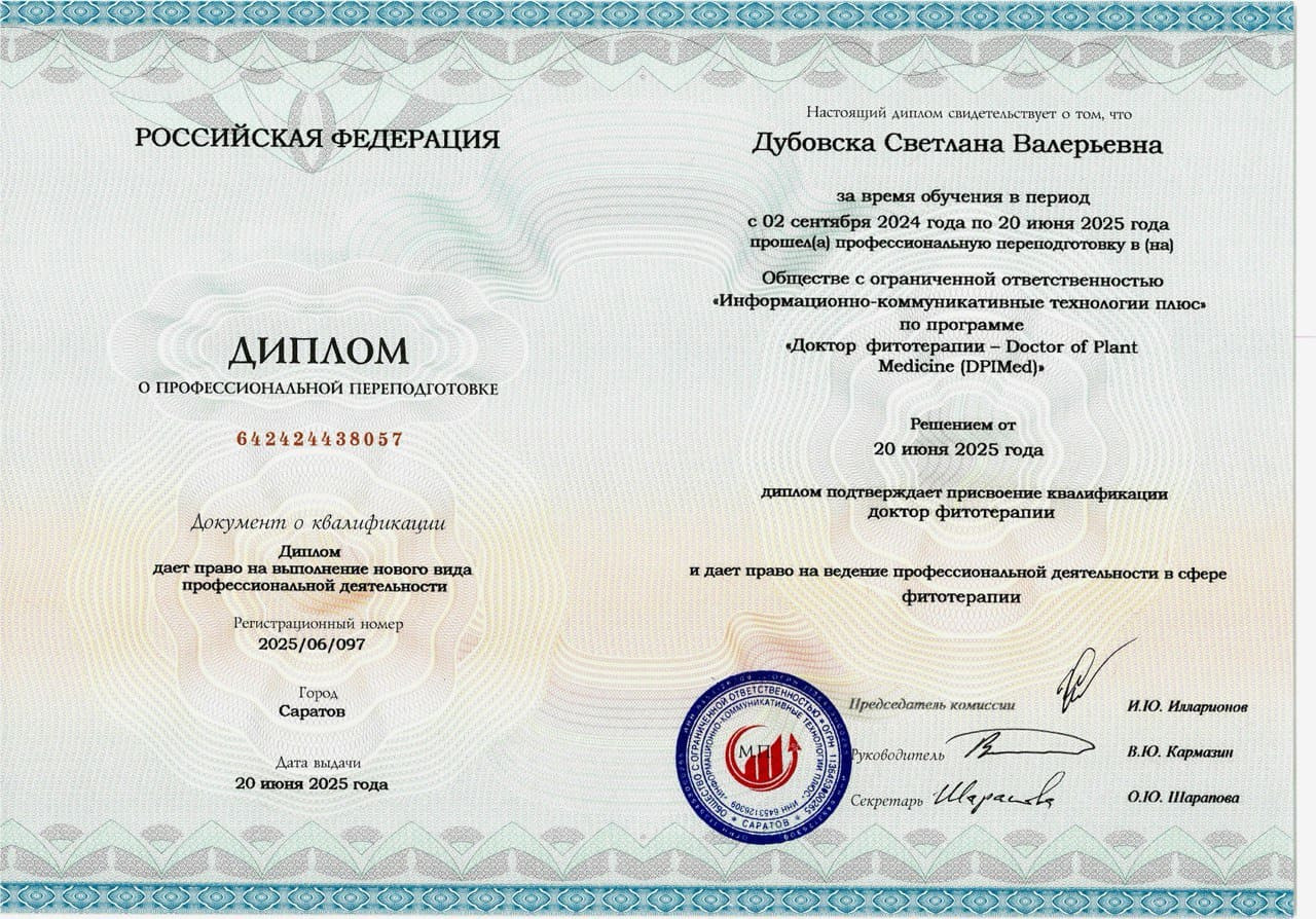 Diploma o profesionalnoj prekvalifikaciji doktora fitoterapije Dubovska Svetlana Valerjevna, 20.06.2025