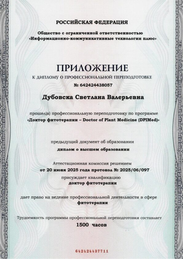 Dodatak diplomi o profesionalnoj prekvalifikaciji Dubovska Svetlana Valerjevna, 20.06.2025