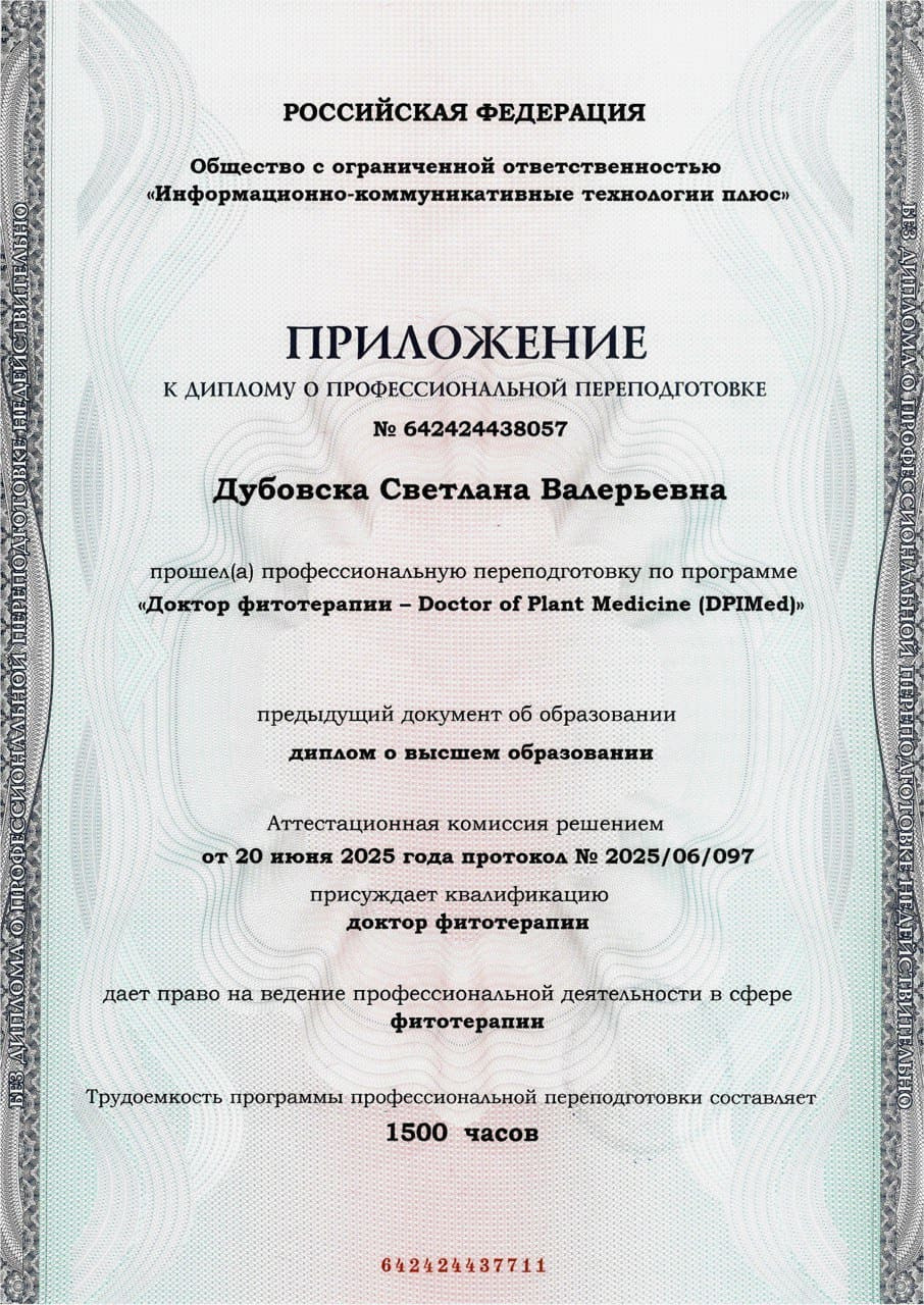 Dodatak diplomi o profesionalnoj prekvalifikaciji Dubovska Svetlana Valerjevna, 20.06.2025